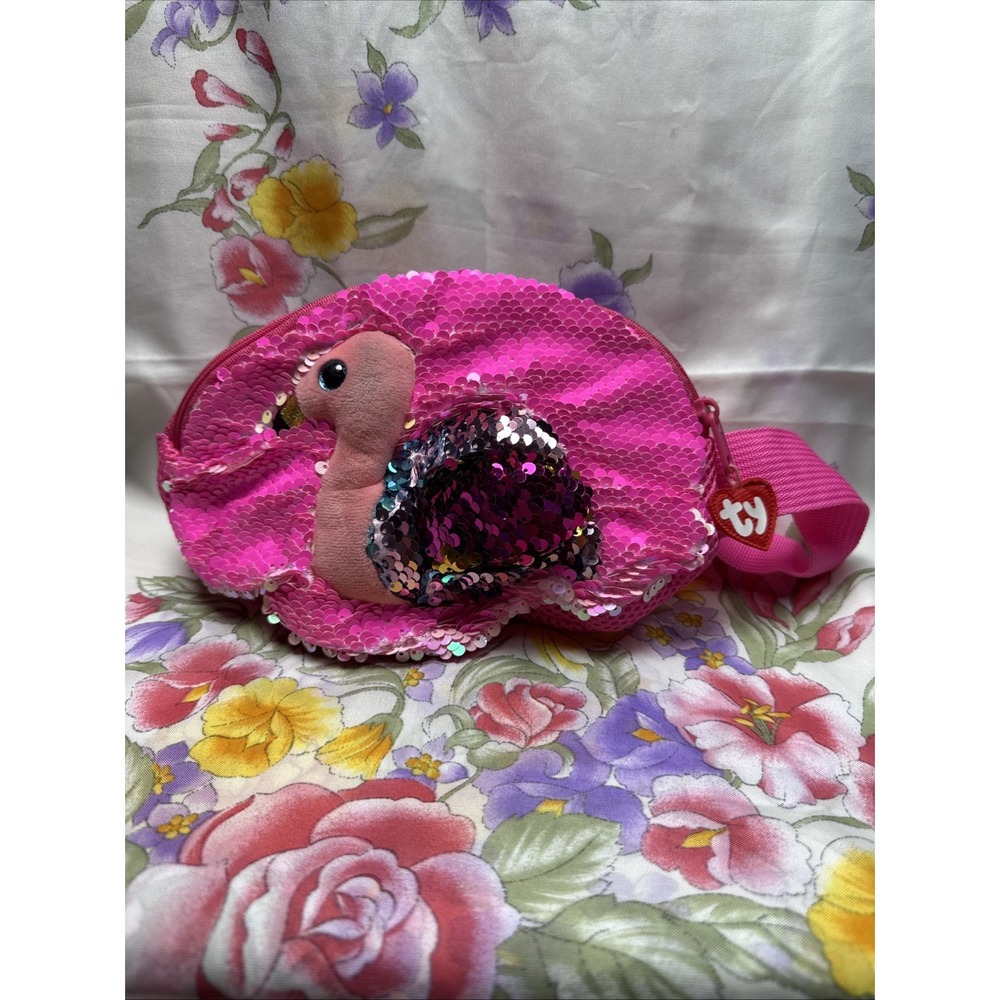 TY‎ Fashion Gilda Flamingo Pink Sequin Fanny Pack Waist Bag Adjustable Strap